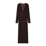  MQTIME  -  New Women Fashion Dress Elegant Long Dresses V neck Ruched Chic Bodycon Dresses For Women Long Sleeve Evening Party Dress ﻿