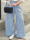 MQTIME  -  Women's Spring Summer Baggy Pants Fashion Drawstring Waistband Loose Wide Leg Striped Pants Y2K Streetwear