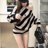 MQTIME  -  2025 Spring New Streetwear Strapless Contrast Color Striped Loose Sweater Women + High Waist Casual Knit Shorts Two-piece Suit