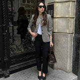  MQTIME  -  Plaid Print Women's Blazer Mandarin Collar Single Breasted Full Sleeve Female Coat Autumn Casual Chic Elegant Lady Outer