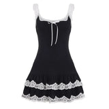  MQTIME  -  Lace Square Neck Lace-up Splicing Suspender Pleated Skirt