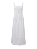 Mqtime White Spaghetti Strap Dress for Women Elegant High Waisted Lace Up Slim Dresses Female Pleated Chic Square Collar Long Vestidos