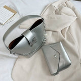 MQTIME  -  Spring/Summer 2024 new, solid color PU women's shoulder bag, silver bow decoration, fashion trend