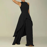 Mqtime Women Solid Color Irregular Top And Pleated Trousers Two Piece Set Vintage Streetwear Female Pleated Wide Leg Pants Fashion Suit