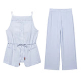 MQTIME  -  Solid Lace Up Women 's Pant Sets Square Collar Sleeveless Tank Top High Waist Wide Leg Pants Female Outfits 2025 Lady Outwears
