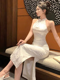 MQTIME  -  Woman Dress Vintage Sleeveless Stand Collar Elegant Slim Split Summer Fashion Temperament Ladies Party Dress Ladies