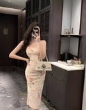 MQTIME  -  Woman Dress Mesh Patchwork Sleeveless Slash Neck Slim Backless Split Elegant Party Dresses Female Summer Fashion
