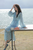 MQTIME  -  Spring 2024 new French floral holiday style long sleeved dress for women's fashion beach style dreamy blue beach long skirt