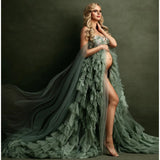 MQTIME  -  Green Maternity Gowns Illusion  Sweetheart Babyshower Dress for Photography  Tiered Appliques Prom Dress PhotoShoot