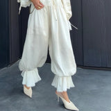 MQTIME  -  Elegant Women's Shirt Set Full Sleeve Lace Patchwork Shirts Lantern Loose Pants Female Satin Sets Summer Fashion Lady Suit