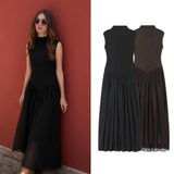 MQTIME  -  Women Mesh Splice Long Dresses Spring Summer Female Chic French Elegant Stand Collar Zip Sleeveless Vest Dress Lady Party Dress