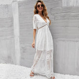 MQTIME  -  Summer Lace Maxi Dress V Neck Short Sleeve Embroidery Elegant Vestidos Vacation White Floor Length Dress Party Robes