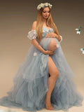 MQTIME  -  Light Blue Maternity Dresses A Line Lace Appliques Prom Gowns Beaded Pregnant Outfit Wear Customized Babyshower Gowns