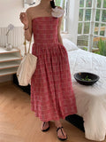 MQTIME  -  Vintage Plaid Dress Women Sexy A Line Midi Dresses Korean Split Slash Neck Slim Sundress Vestidos