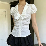  MQTIME  -  Temperament Preppy Style Bow V Neck Puff Short Sleeve Women's Blouse Y2k Aesthetic Harajuku Pleated Casual Shirts Spice Clothes