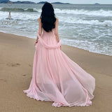 MQTIME  -  Pink Chiffon Long Dress for Women, Backless Strapless Dress, Floor Length, Sleeveless, Party Night, Sexy Dresses, Summer