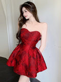 MQTIME  -  Chinese New Year Red Print Design Sensual Puffy Dr Sexy mid Waist ort Skirt without Sve One oulder A-Line Dr