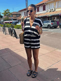 MQTIME  -  Casual Striped Women Short Suits V-neck Loose T-shirt Lace Up High Waist Mini Shorts 2024 Summer New Chic Female Two Pieces Sets