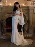 MQTIME  -  Elegant Sexy Wedding Dress Women 3d Flowers Slash Neck Backless Irregular Ruffled Tassels Dinner Party Chic Vestidos