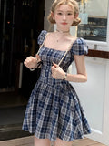 MQTIME  -  Y2K Plaid Short Dresses for Women Princess Birthday Party Dress Puff Sleeve Square Collar Bow Prom Summer Mini Vestidos Mujer