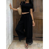 MQTIME  -  Women Mesh See-through Floral Lace Patchwork Ruffle Hem Bloomer Pants Loose Drawstring Elastic Waist Cropped Trousers