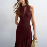 MQTIME  -  Fashion Solid High Waist Beach Holiday Dress Elegant Knitted Mesh Splice Perspective Dress Chic O-neck Irregular Fish Tail Dress