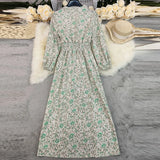 MQTIME  -  Summer Lantern Long Sleeve Split Pleated Dress Elegant High Waist Loose Party Dress Bohemian Style Printed V-neck Vacation Dress