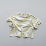 MQTIME  -  Children's Short-Sleeved Colorful Striped T-Shirt Summer New Boys And Girls Cotton Round Neck Korean Loose Casual Tops