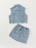 MQTIME  -  Girls Casual Style Sleeveless Top with Distressed Denim Skirt Set - Trendy Outfit for Kids