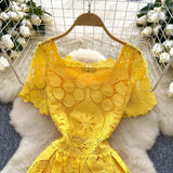 MQTIME  -  Summer Elegant Hollow Out Embroidery Lace Long Dresses Women Holiday Short Sleeve Flower Retro Evening Party Female Vestidos