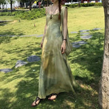 MQTIME  -  Women Green Tie Dye Maxi Slip Dress Spaghetti Strap Summer New Backless Slim Sleeveless Flowy Bodycon Casual Vacation Long Dress