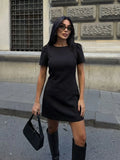  MQTIME  -  Women Vintage Black Short Puff Sleeve Dress Slim A-Line Mini Dress Fashion Summer Casual Basics Office Lady Chic Dresses