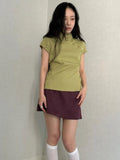 MQTIME  -  Green High Neck Slim Fit Tops Women Fashion Mini Sleeves Asymmetric Button Short Shirts Summer Trendy Lady Casual Wear New