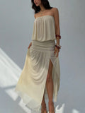MQTIME  -  Wrinkle design slit summer fashion casual new dress beach vacation style backless strapless temperament dress