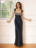 MQTIME  -  Puss Sexy Satin Wedding Dress Women Strap Low-Neck Rhinestone Patchwork Elegant Classic Evening Party Dating Slim Bodycon