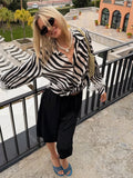 MQTIME  -  Fashion Minimal Zebra Print Leisure Blouse Classic V Neck Fluffy White Feather Cuffs Top Women Autumn City Casual Walk Blouse