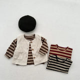 MQTIME  -  Autumn New Children Long Sleeve Striped T Shirts Cotton Boys Casual Tee Kids Vintage O-neck Tops Girls Bottoming Shirts