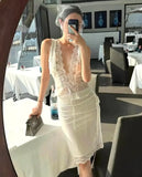MQTIME  -  Sexy Lace Patchwork Lace Up V-neck Vest Set Slim Sleeveless Crop Tops Women Wrap Buttocks Skirts Suit Party Vacation Outfit