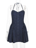 MQTIME  -  Navy Blue Striped Halter Mini Dress For Women Sexy Sleeveless A-line Mini Summer Party Swing Dresses High Street Robe D474