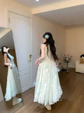 MQTIME  -  French Sweet Apricot Three-dimensional Flower Princess Sleeveless Dress Fairy Spring and Summer New Slim Waist Long Skirt Women