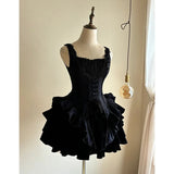 MQTIME  -  Retro Hepburn Wind Black Sling Fishbone Waist Trimming Ruffles Dress