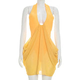 MQTIME  -  Sexy Solid Pleated Dress Women Hollowed-out V-neck Sleeveless Backless Slim Mini Halter Dresses Summer Lady Vacation Robes