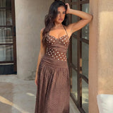 MQTIME  -  Summer Polka Dots Print A-line Maxi Dress Women Sexy Strapless Lace Up Halter Backless Vacation Beach Long Robe Streetwear