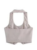  MQTIME  -  Women Fashion Solid Vest Pant Suit Single Breasted Halter Cropped Vests Top High Waist Patchwork Trouser Office Lady Sets