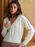 MQTIME  -  Fall Outfits 2024 White Knitwear Cardigan Coat Women's V-Neck Printed Hollow Out Loose Elegant Fashion Cropped Top Knit Long Sleeve Outwear