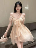 MQTIME  -  Mini Dresses Women Rhinestone Off Shoulder Bow Slim Backless Irregular Solid Backless Party Dress Elegant Ladies Sweet