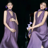 MQTIME  -   Elegant Maternity Photo Shoot Dress – Stylish Purple V-Neck Sleeveless Dress for Pregnant Women Studio Photography Clothing