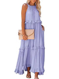 MQTIME  -  Women Boho Solid Color Dress Sleeveless Ruffled Maxi Vestidos Loose Fit Straight Hippie Dresses Layered Princess Robe