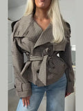 MQTIME  -  Women's Brown White Houndstooth Short Trench Coat Belted Waist Wide Lapels Full Sleeve Jacket 2025 Autumn Lady Stylish Outerwear