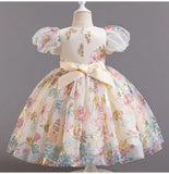 MQTIME  -  Flower Print Girls' Dress New Princess Bubble Sleeves Big Bow Gown Kids Sweet Dresses Children Casual Mesh Dress 1-5 Years